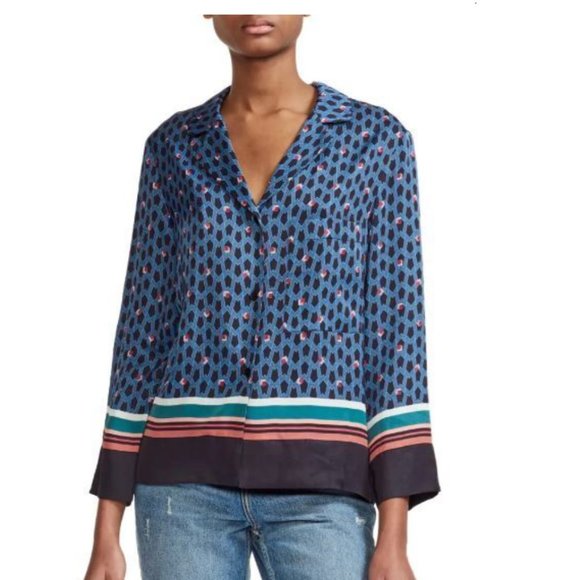 Maje Tops - Maje Blue Multi-Spot Silk Blouse with Stripe Trim